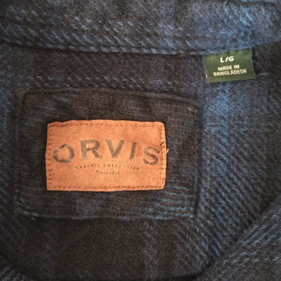 ORVIS Shacket Men's L Blue Flannel Plaid Button Flap Side Pockets Logo Workwear - Picture 8 of 12